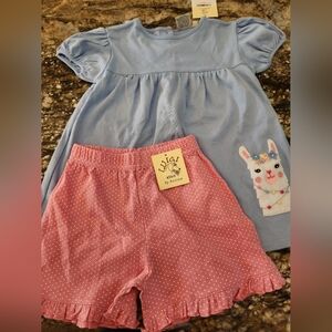 Blue Dress and Pink Shorts Set with Llama Design